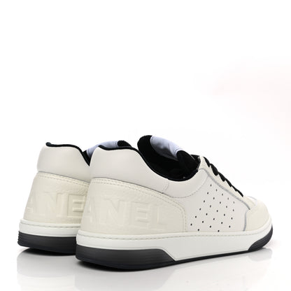 Chanel Grained Calfskin Fabric Mens Logo Sneakers 46 White Black 4 of 9