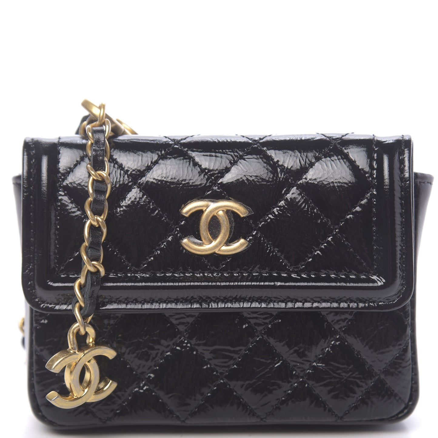 Shiny Aged Calfskin Quilted Waist Belt Bag Black