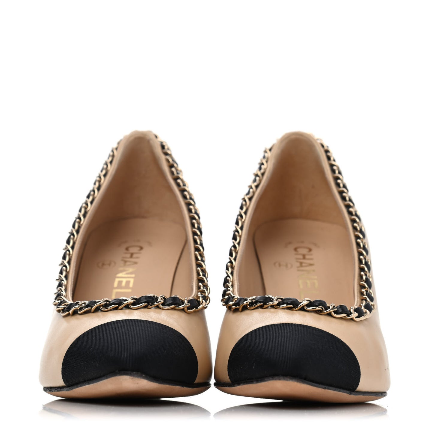 Lambskin Grosgrain Chain Cap Toe Pumps 37 Beige Black