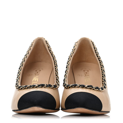 Chanel Lambskin Grosgrain Chain Cap Toe Pumps 37 Beige Black 2 of 4