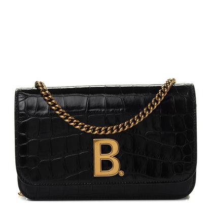 Balenciaga Crocodile Embossed Patent B Wallet On Chain Black 1 of 4