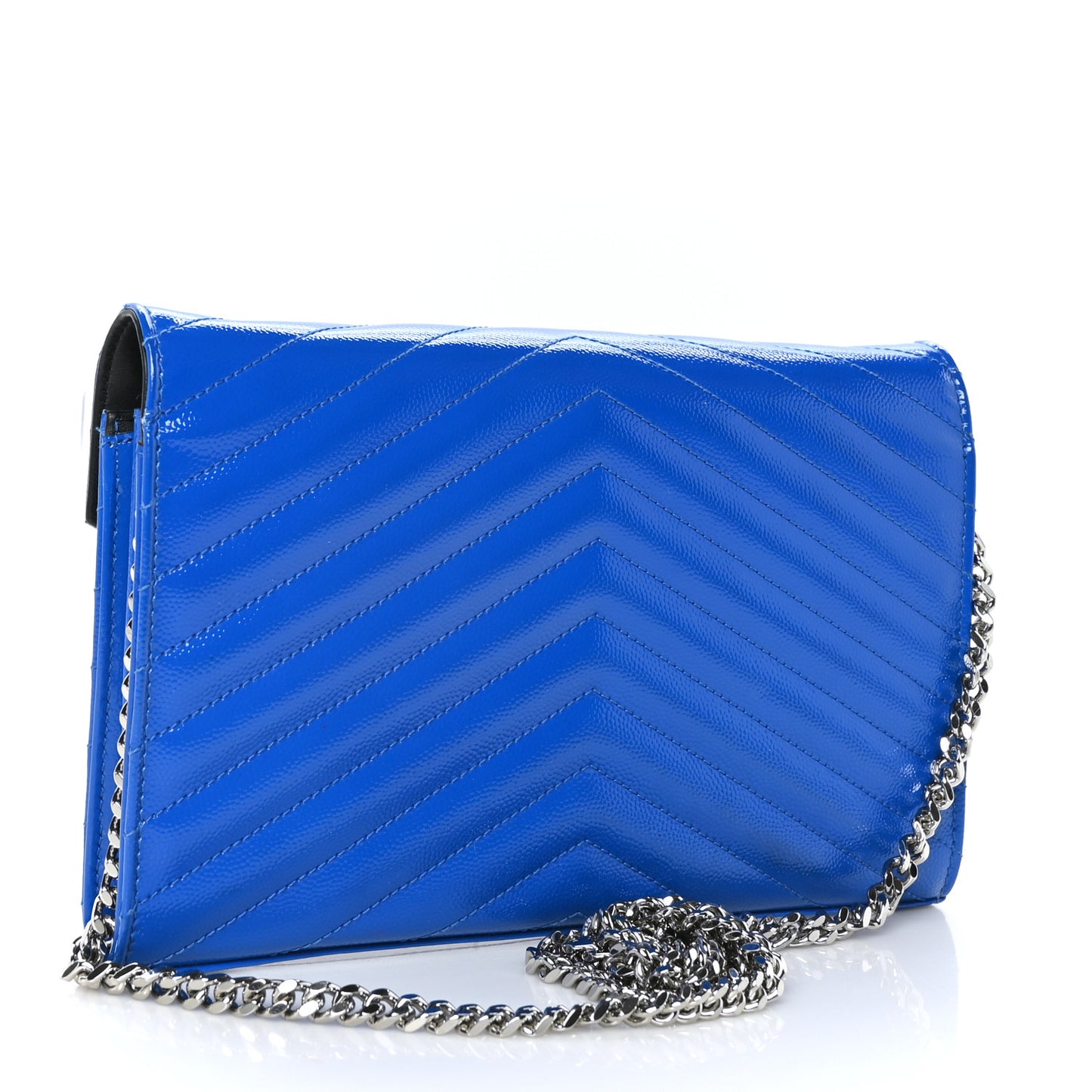 Patent Grain De Poudre Matelasse Chevron Monogram Chain Wallet Blue Majorelle