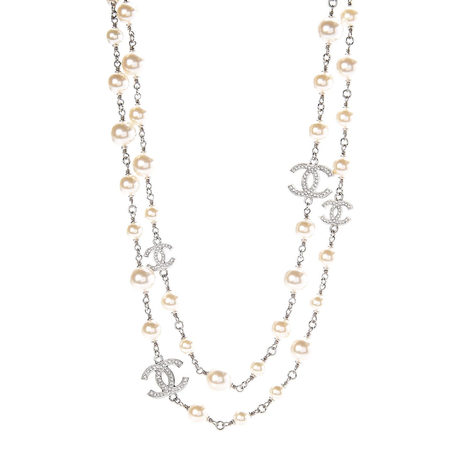 Crystal Pearl CC Long Necklace Silver