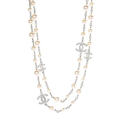Chanel Crystal Pearl CC Long Necklace Silver 1 of 6
