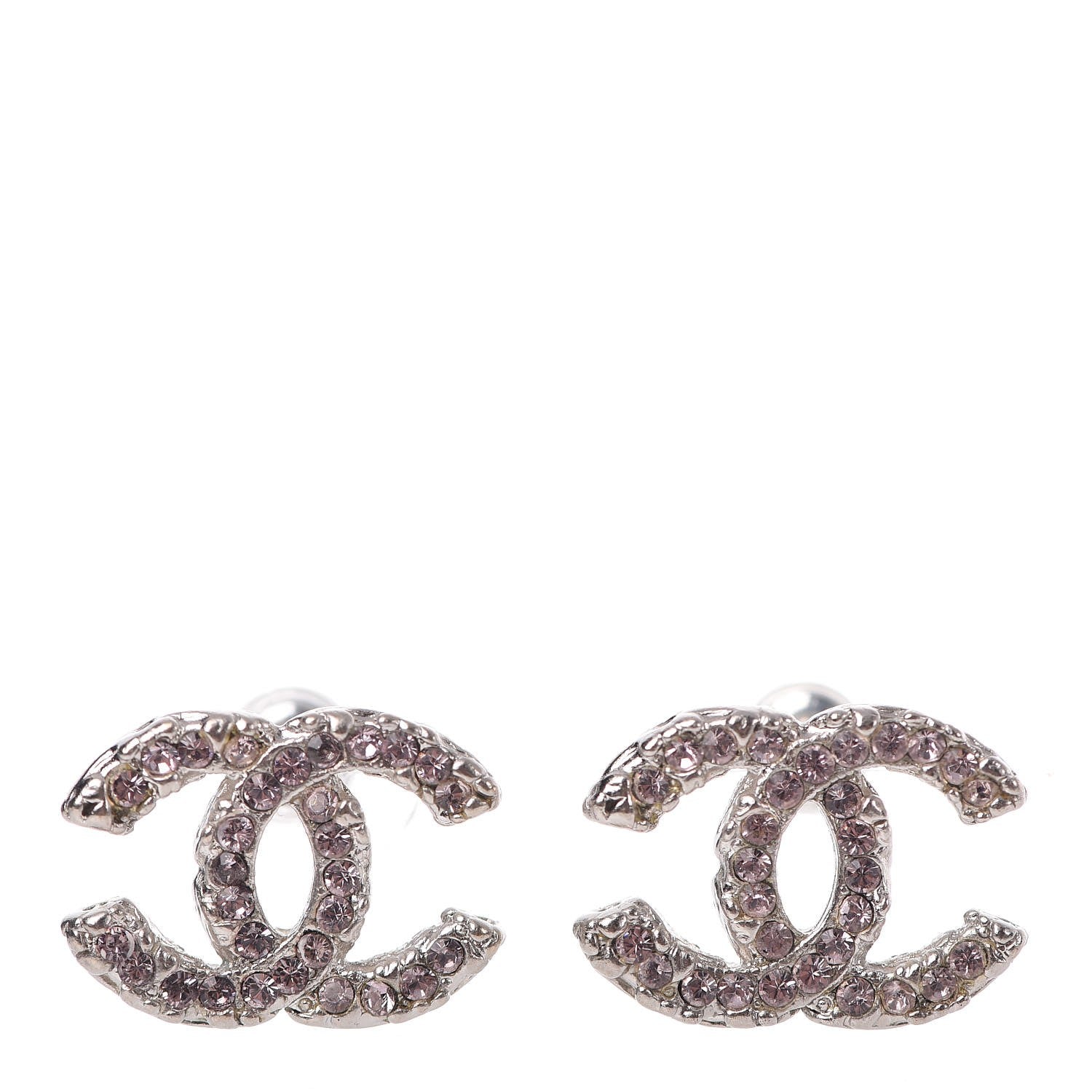 Chanel Crystal Enamel CC Earrings Silver Pink 1 of 6