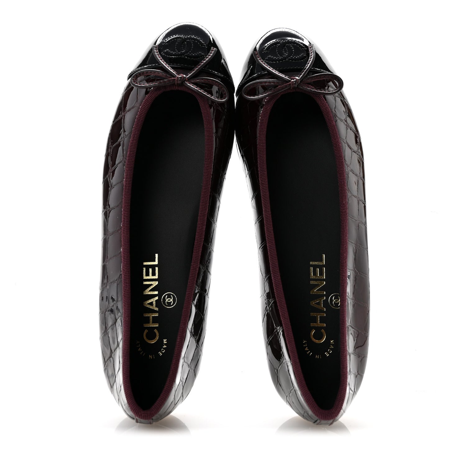 Crocodile Embossed Patent Cap Toe Ballerina Flats 38.5 Dark Burgundy Black