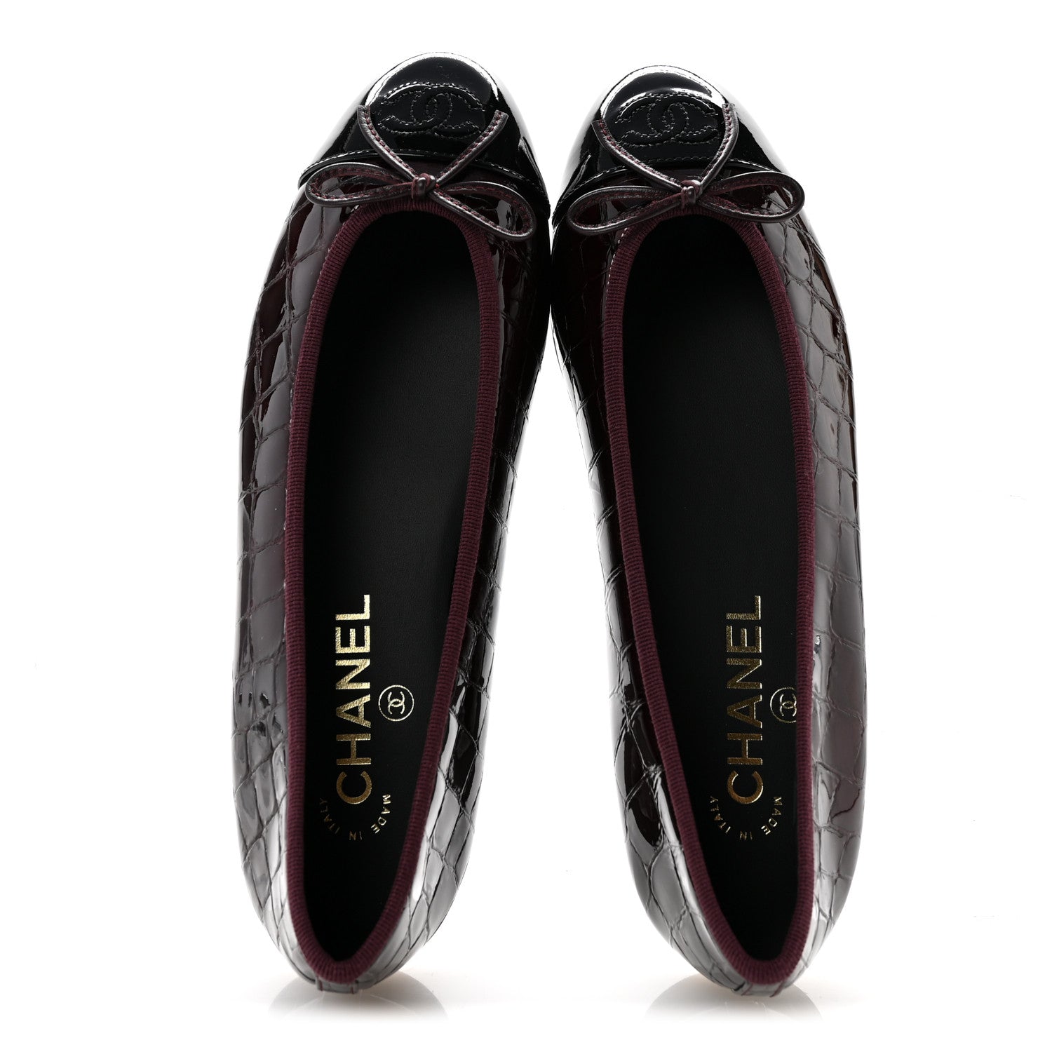 Chanel Crocodile Embossed Patent Cap Toe Ballerina Flats 38.5 Dark Burgundy Black 2 of 10