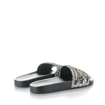 Chanel Tweed Lambskin Chain Flat Sandals 41 Black White 4 of 8
