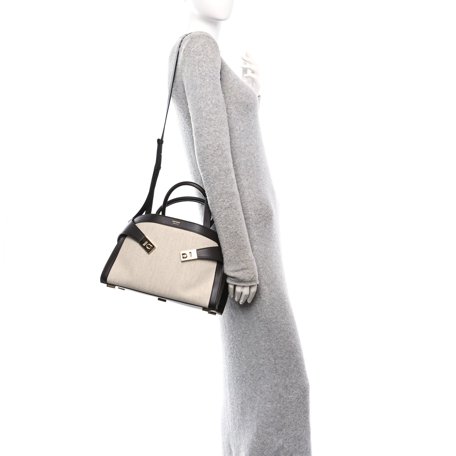 Salvatore Ferragamo Calfskin Canvas Small Hug Bag Natural Testa Di Moro 2 of 9