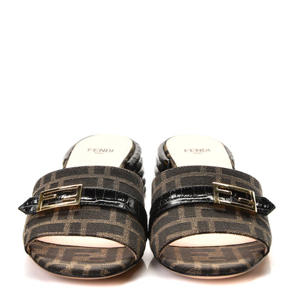 Fendi Jacquard Calfskin FF Crocodile Embossed Promenade Slide Sandals 35.5 Tobacco Moro Black 4 of 10