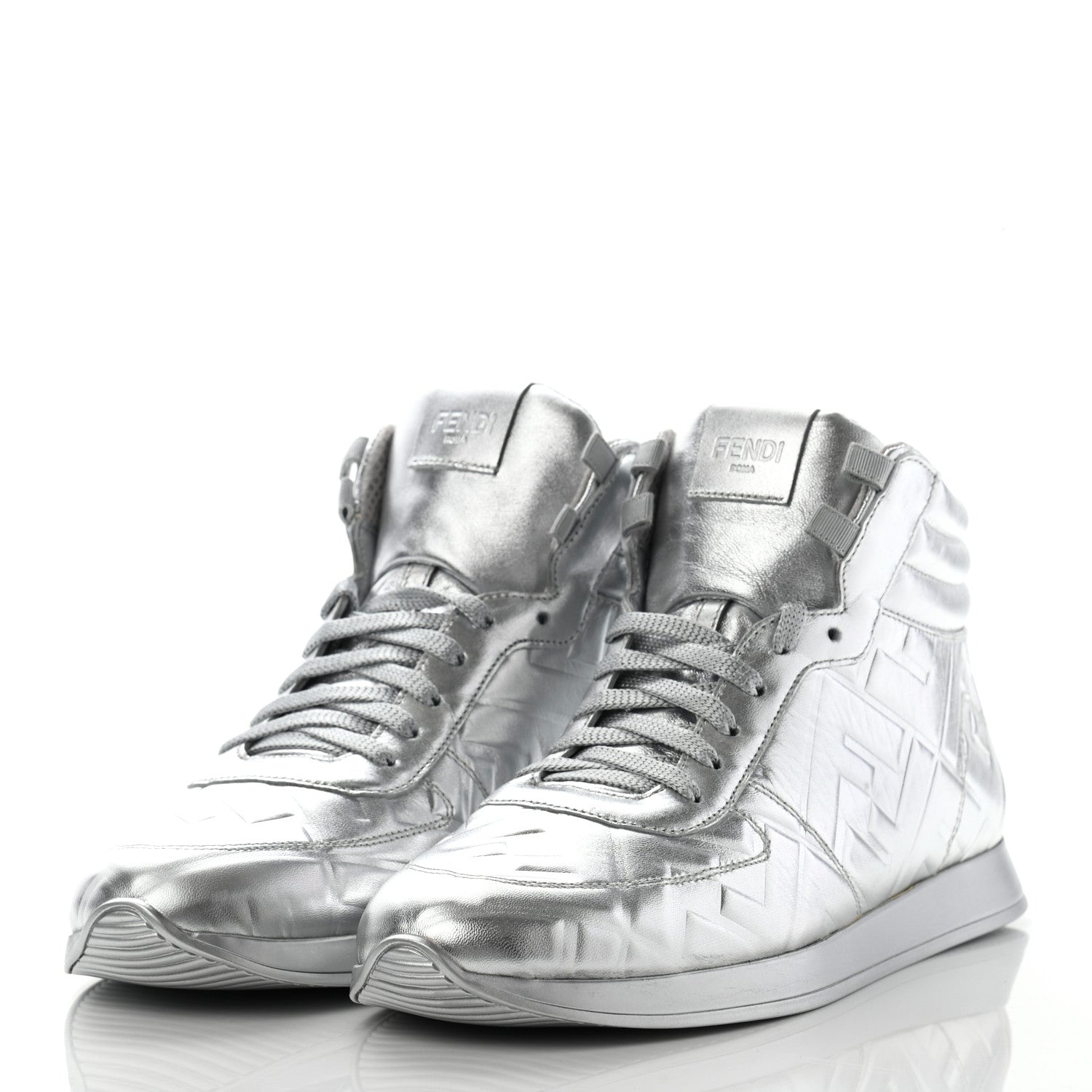 Fendi Metallic Nappa Macro FF Embossed High Top Sneakers 39 Silver 3 of 9