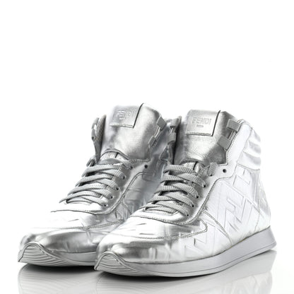 Fendi Metallic Nappa Macro FF Embossed High Top Sneakers 39 Silver 3 of 9