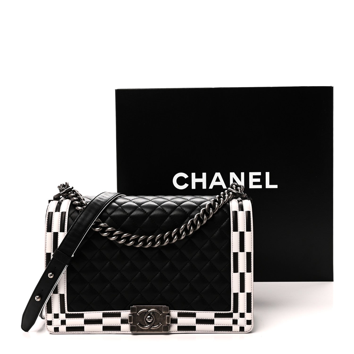 Chanel Calfskin Quilted Checkerboard Trim New Medium Boy Flap Black White 11 of 11