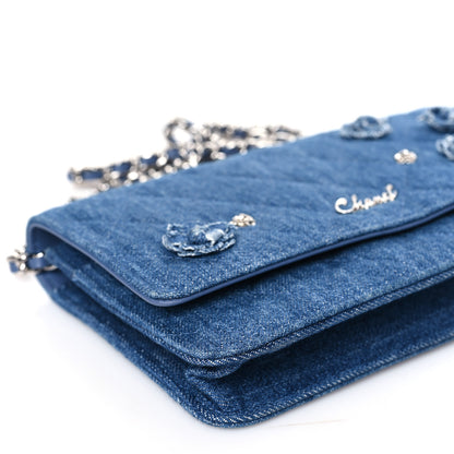Chanel Denim Quilted Camellia Wallet On Chain WOC Blue 9 of 10
