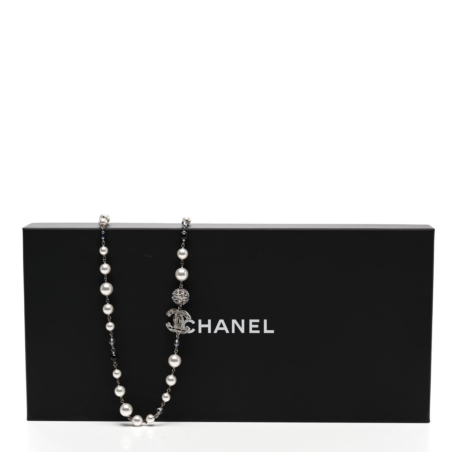 Chanel Pearl Bead Tweed Effect CC Long Necklace Silver Black Blue 6 of 6
