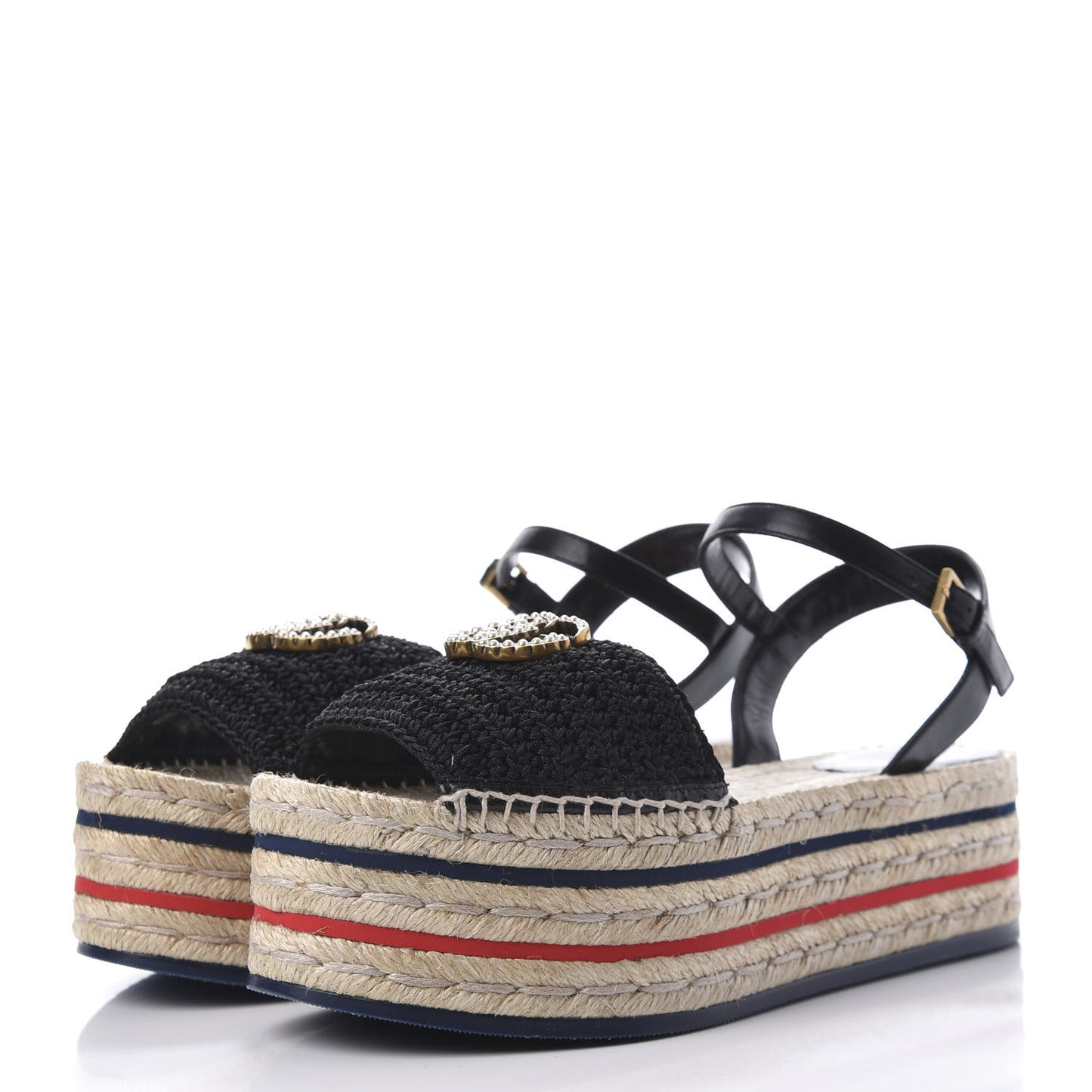 Cotton Malaga Kid Crochet Pearly GG Lilibeth Espadrille Platform Sandals 38.5 Black