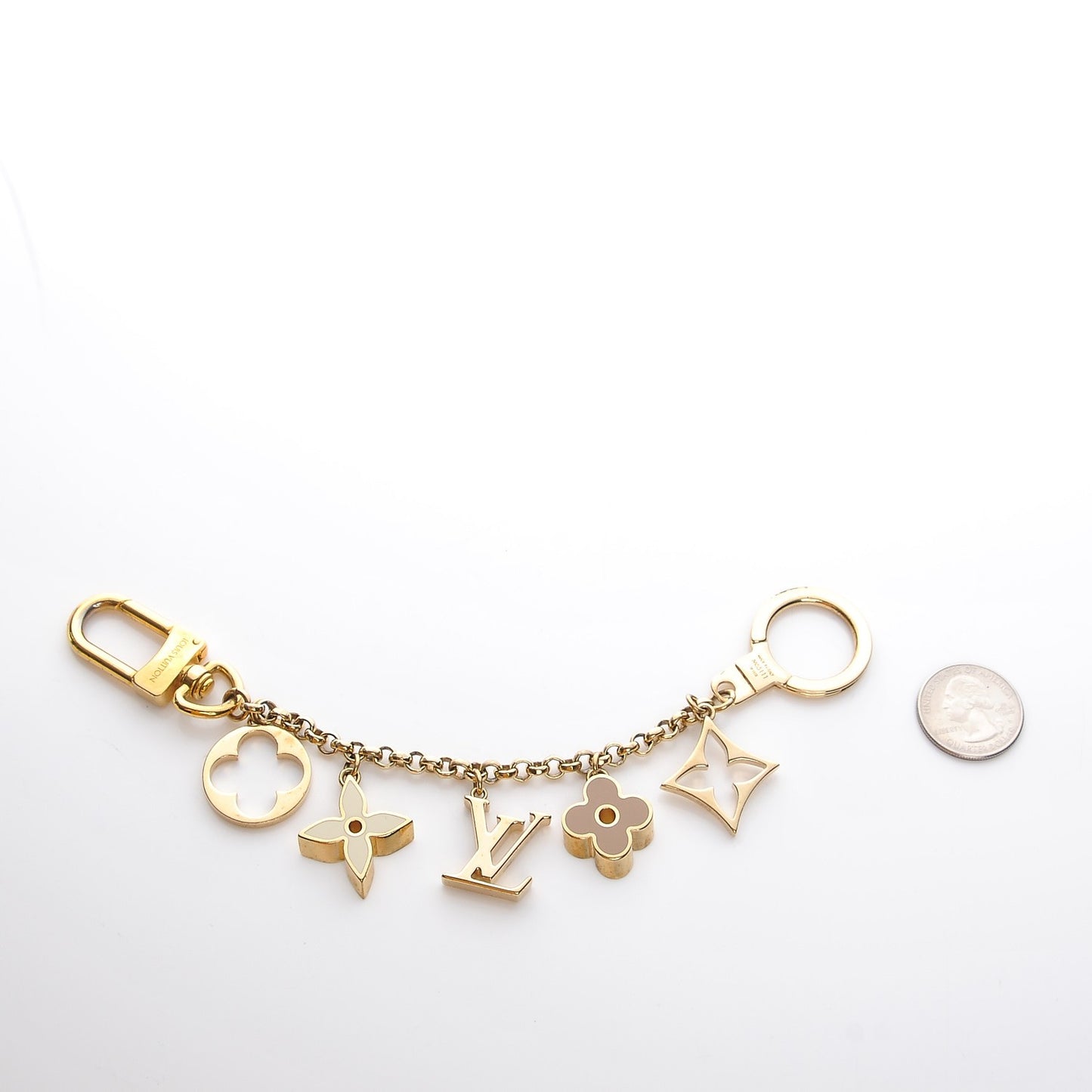 Brass Enamel Fleur De Monogram Bag Charm Chain Gold