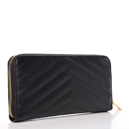 Saint Laurent Grain De Poudre Matelasse Chevron Monogram Zip Around Wallet Black 3 of 9