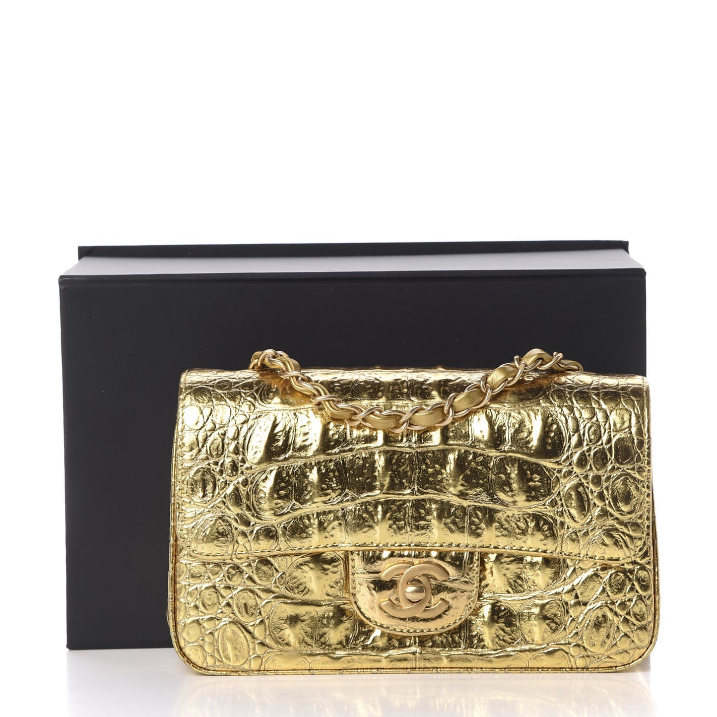 Metallic Calfskin Crocodile Embossed Cocodile Rectangular Mini Flap Gold