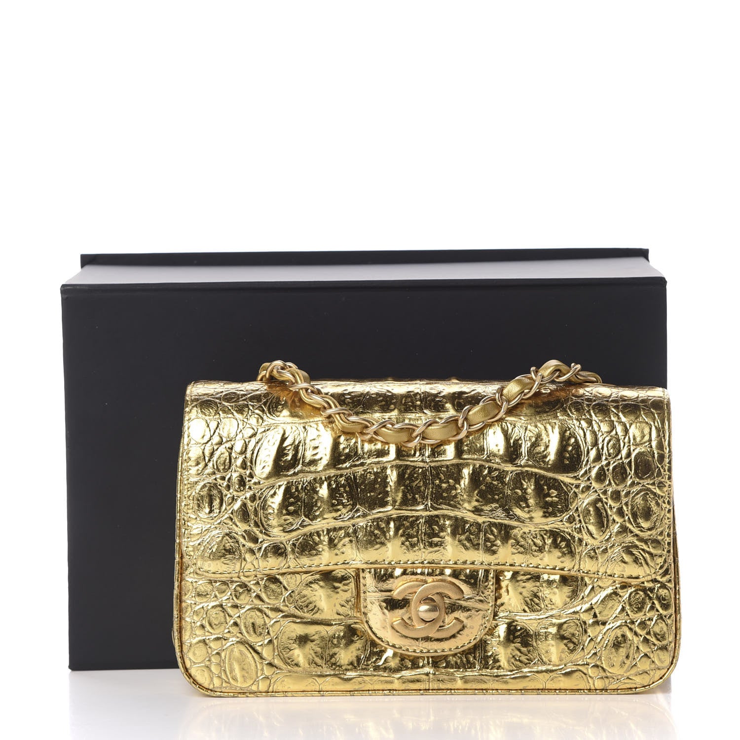 Chanel Metallic Calfskin Crocodile Embossed Cocodile Rectangular Mini Flap Gold 11 of 11