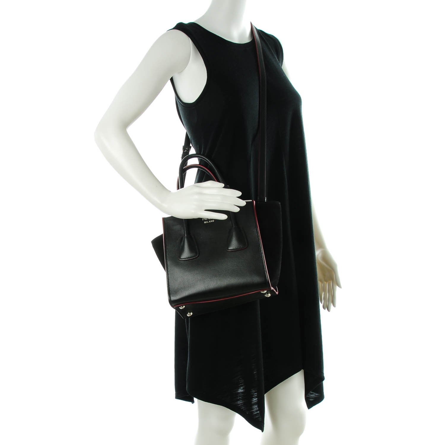 Prada Glace Calf Scamosciato Suede Mini Twin Pocket Tote Black Rosso 2 of 8