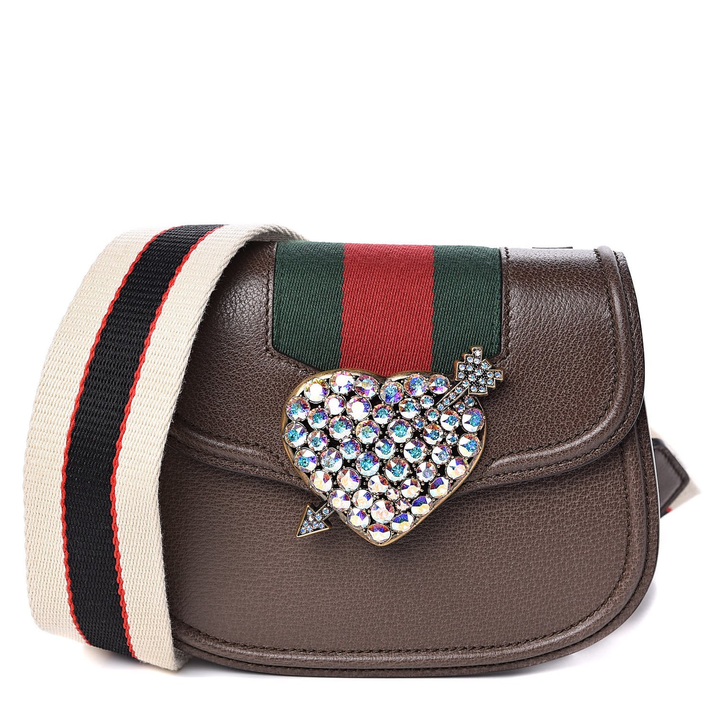 Textured Calfskin Web Crystal Heart Stripe Small Totem Shoulder Bag New Acero