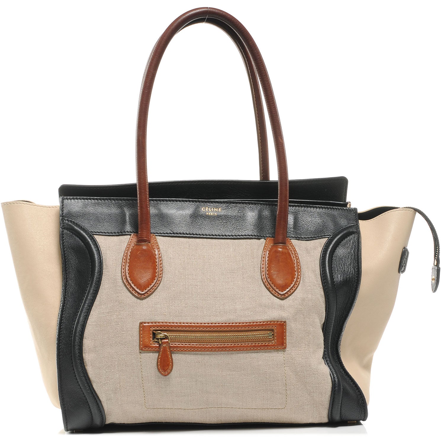 Celine Leather and Linen Shoulder Luggage Tri-Color Beige 1 of 7