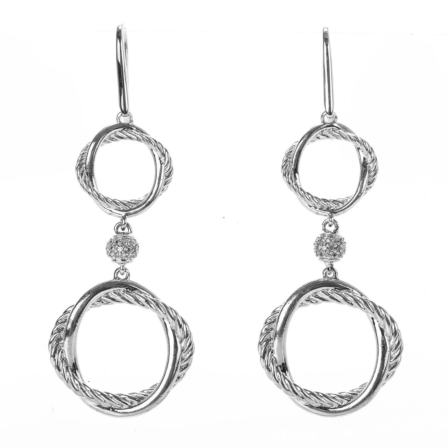 Sterling Silver Pave Diamond 40mm Double Drop Infinity Earrings