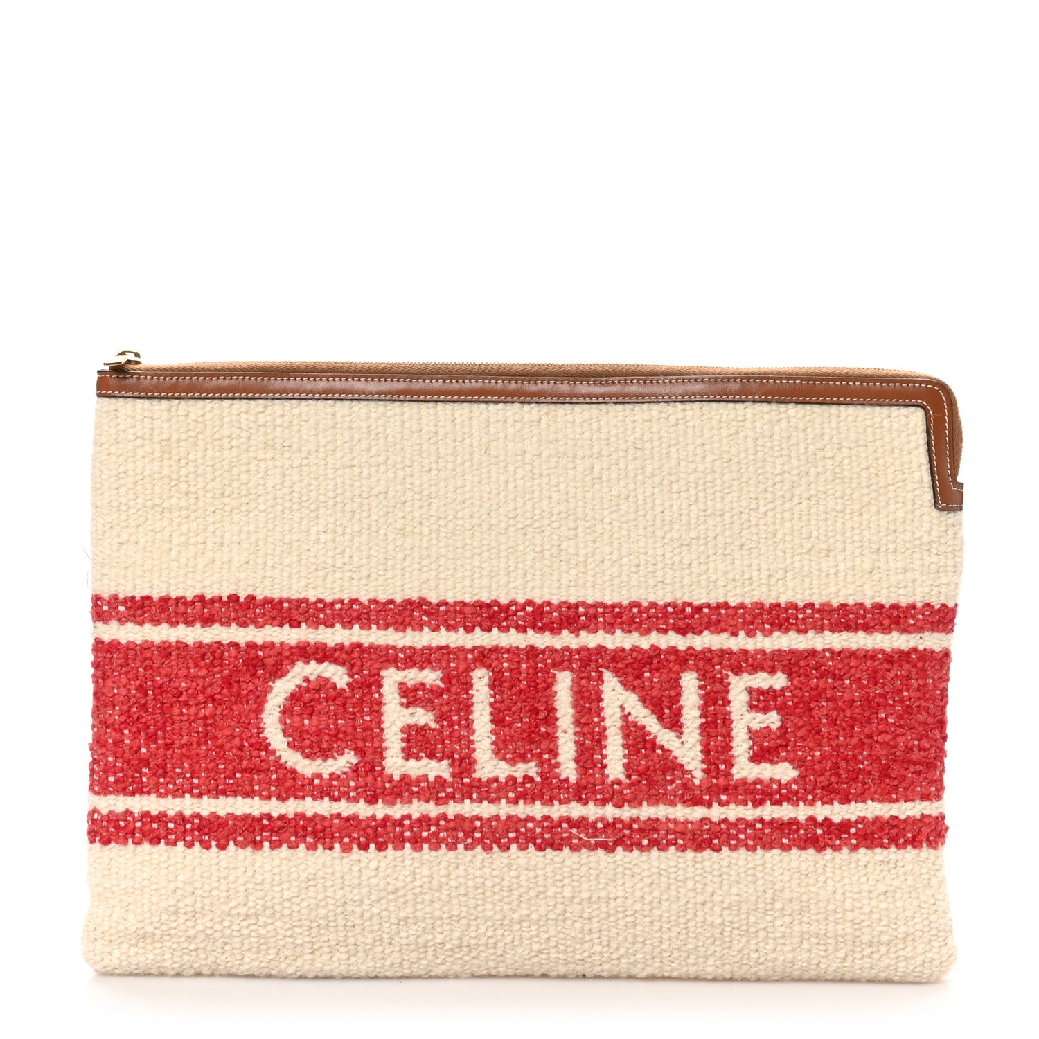 Celine All Over Textile Calfskin Striped Large Pouch Beige Red