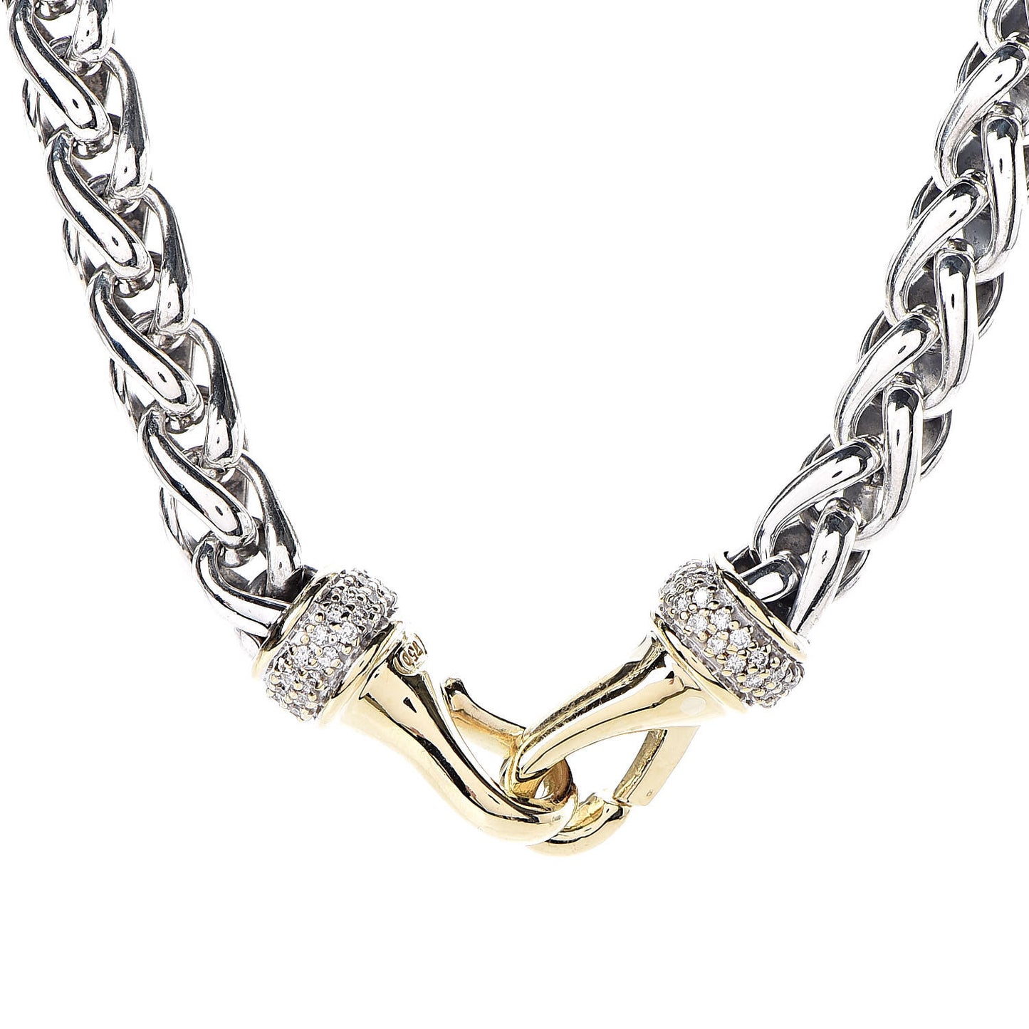 Sterling Silver 18K Yellow Gold Diamond 8mm Wheat Chain Necklace