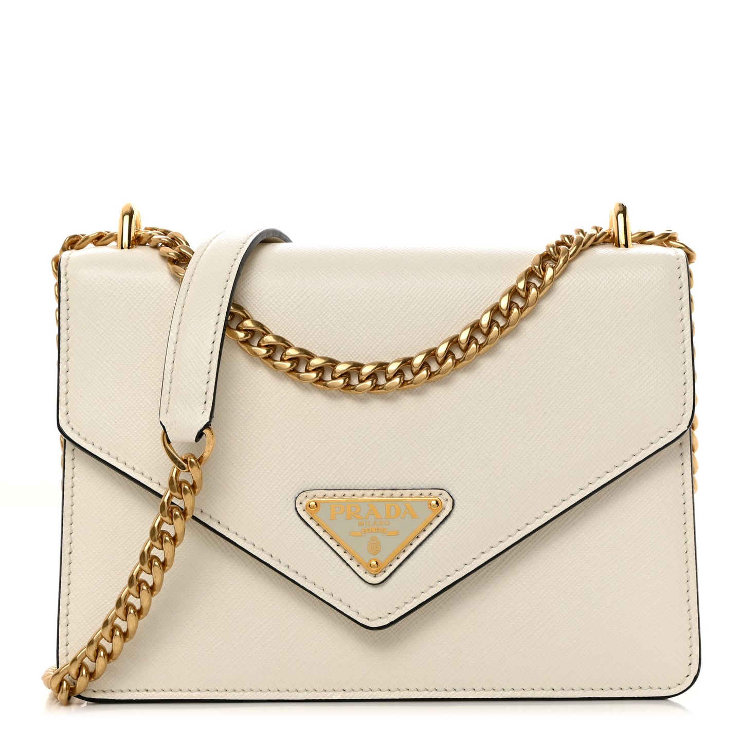 Saffiano Soft Calfskin Metal Triangle Logo Envelope Chain Shoulder Bag White