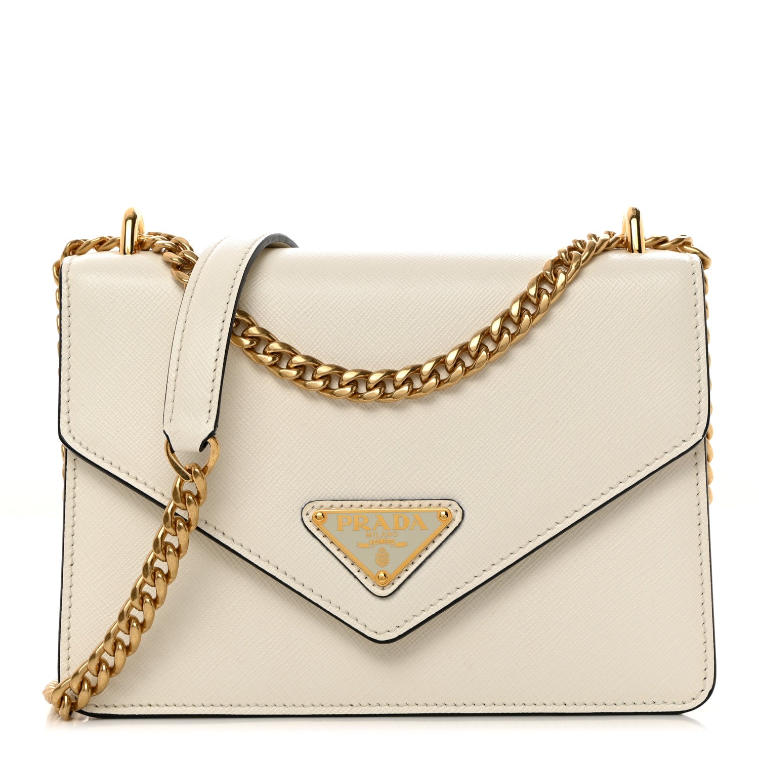 Prada Saffiano Soft Calfskin Metal Triangle Logo Envelope Chain Shoulder Bag White 1 of 10