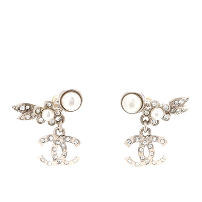Chanel Crystal Pearl CC Leaf Earrings Silver 1 of 10