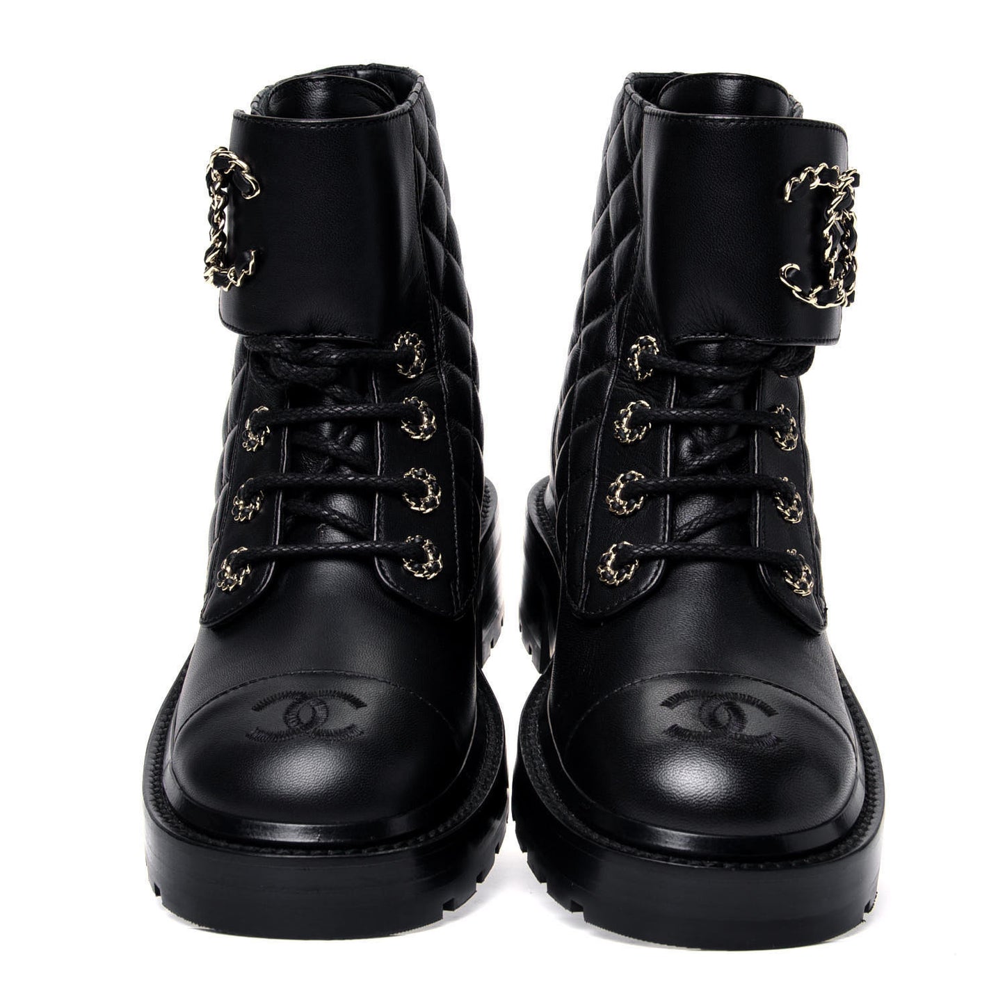 Shiny Lambskin Quilted Lace Up Combat Boots 36 Black