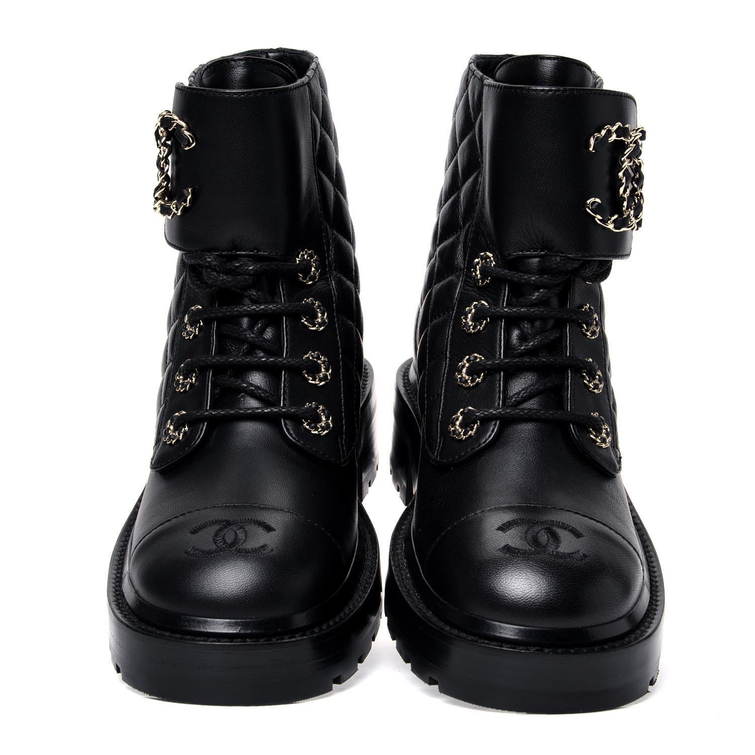 Chanel Shiny Lambskin Quilted Lace Up Combat Boots 36 Black 5 of 12