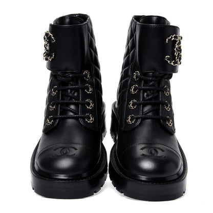 Chanel Shiny Lambskin Quilted Lace Up Combat Boots 36 Black 5 of 12