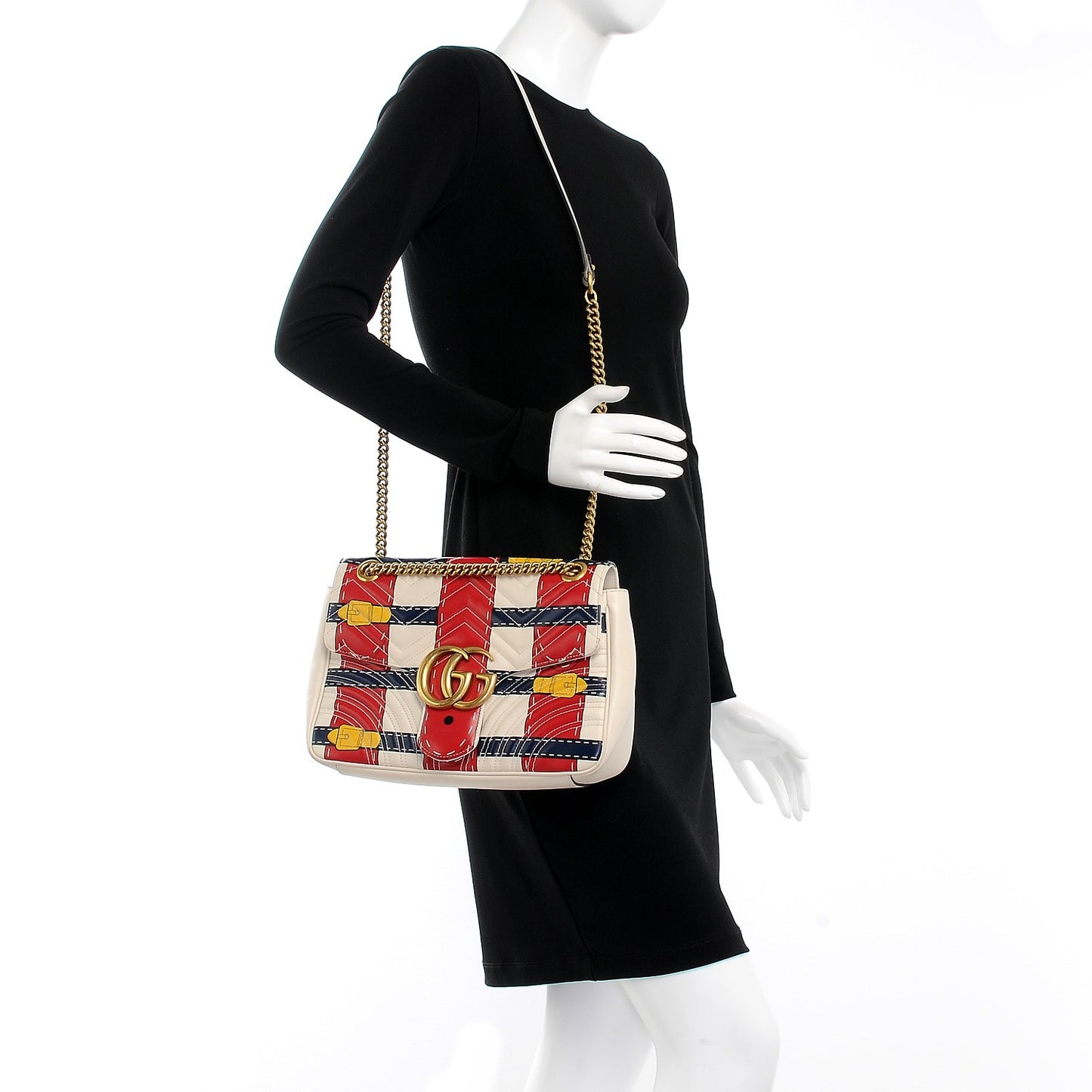 Calfskin Matelasse Trompe L'Oeil Print Medium GG Marmont Shoulder Bag Mystic White Hibiscus Red Marine Giallo