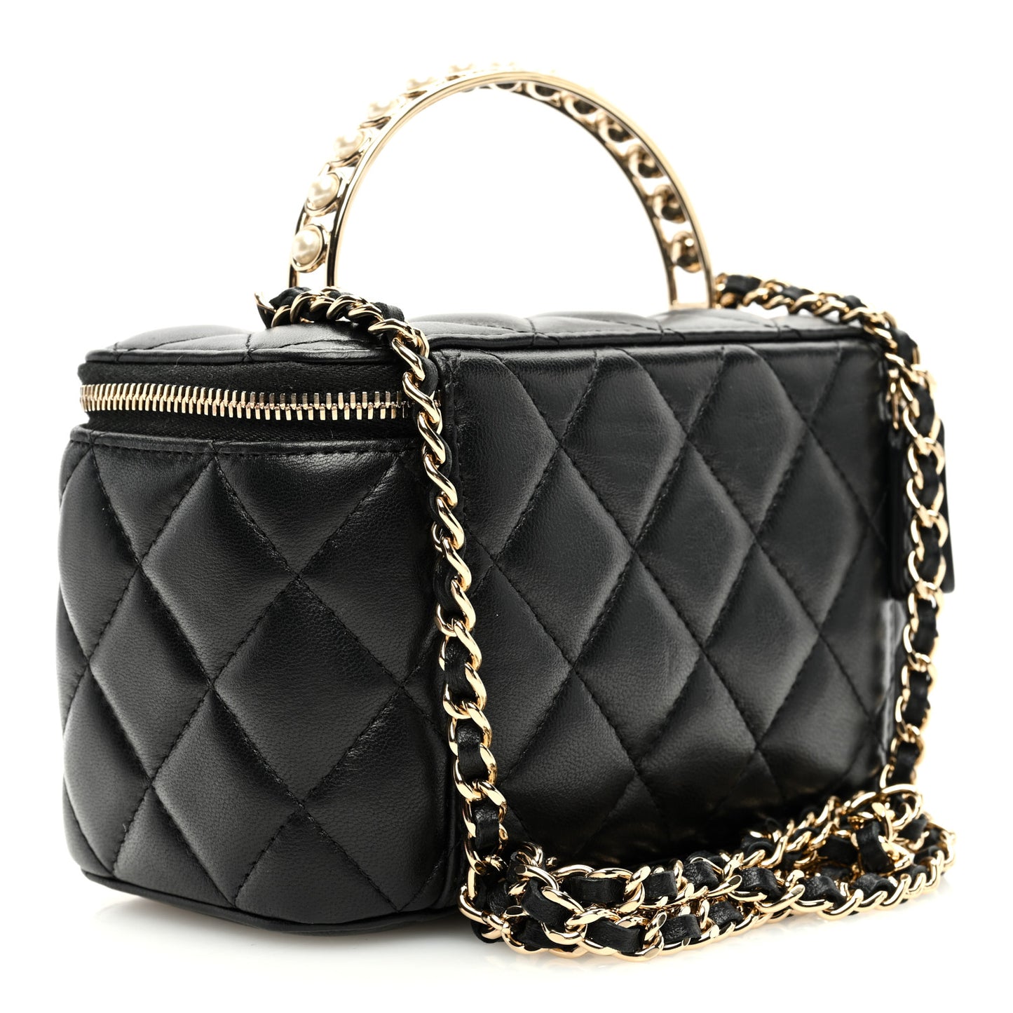 Lambskin Quilted Small Pearl Top Handle Vanity Case With Chain Black
