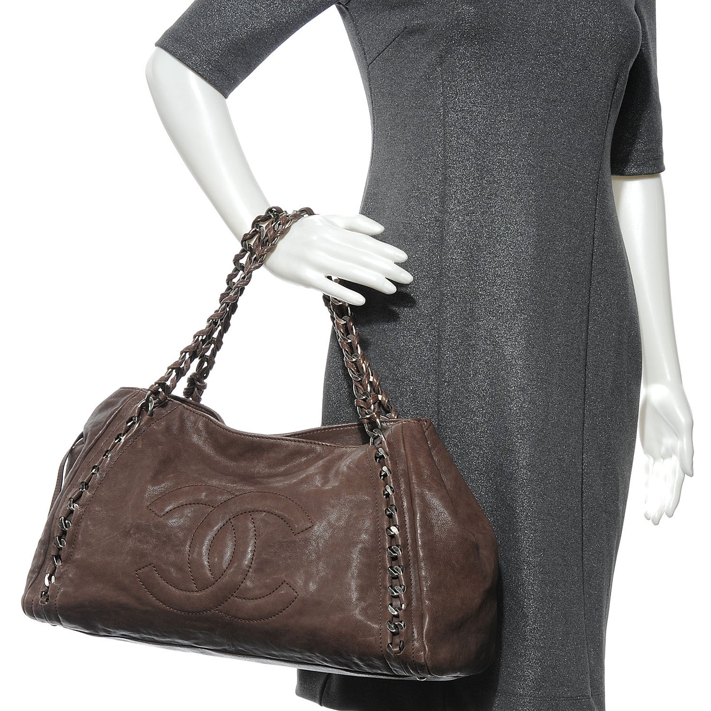 Leather Large Modern Chain Tote Brown