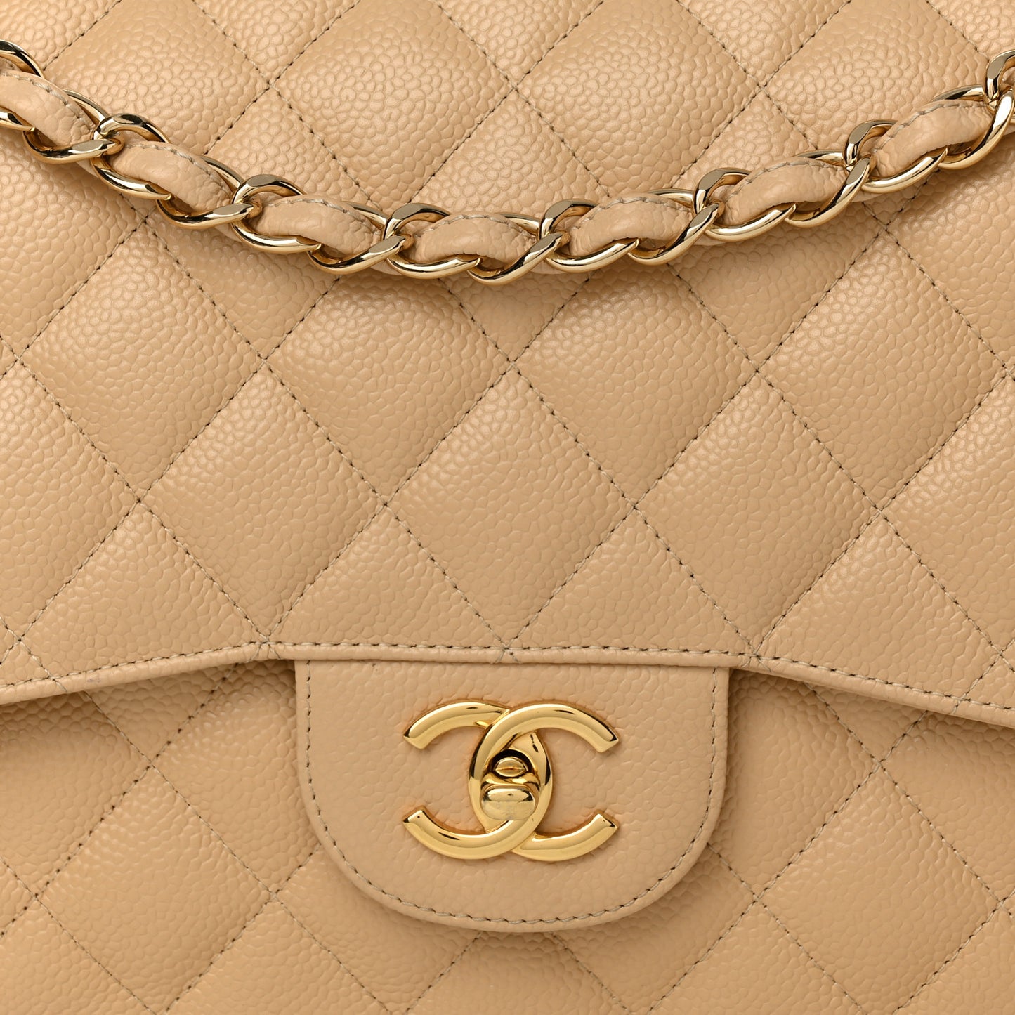 Caviar Quilted Jumbo Double Flap Beige