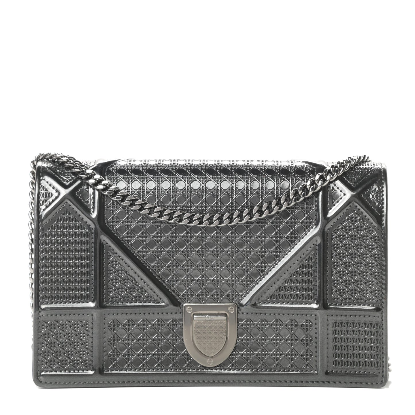 Metallic Patent Micro-Cannage Diorama Wallet on Chain Pouch Onyx Black