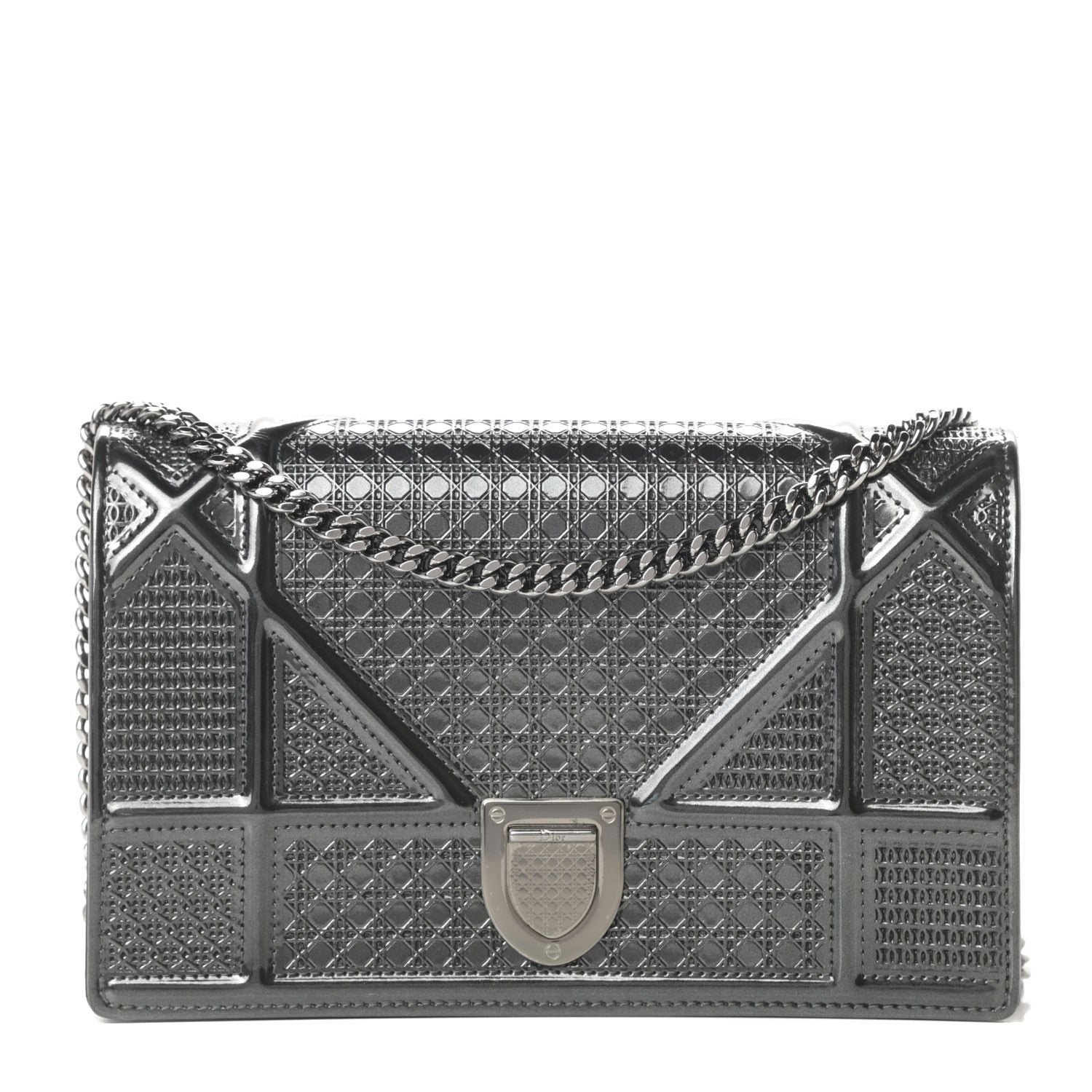 Christian Dior Metallic Patent Micro-Cannage Diorama Wallet on Chain Pouch Onyx Black 1 of 14