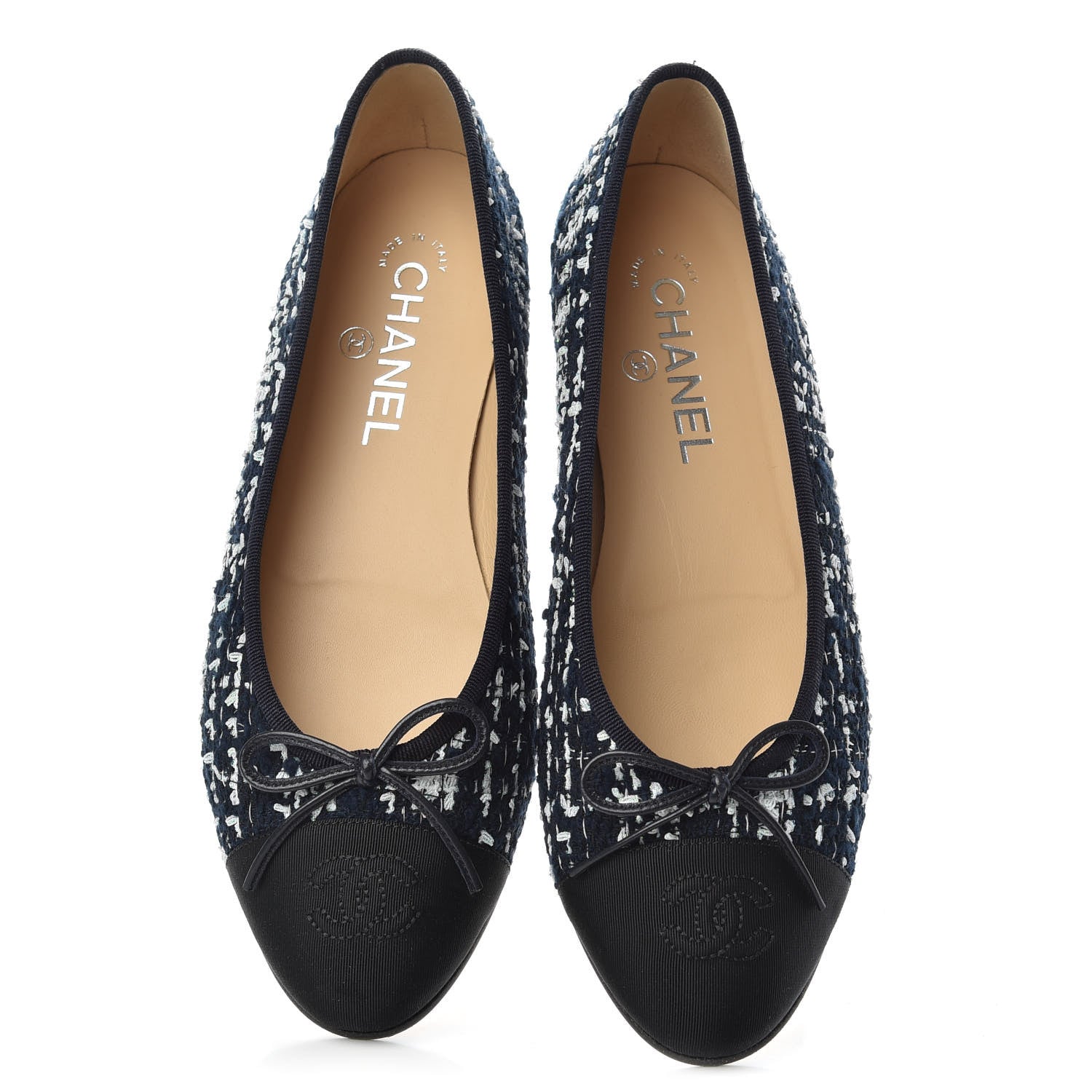 Chanel Tweed Grosgrain Cap Toe Ballerina Flats 38.5 Navy Blue White Black 5 of 11