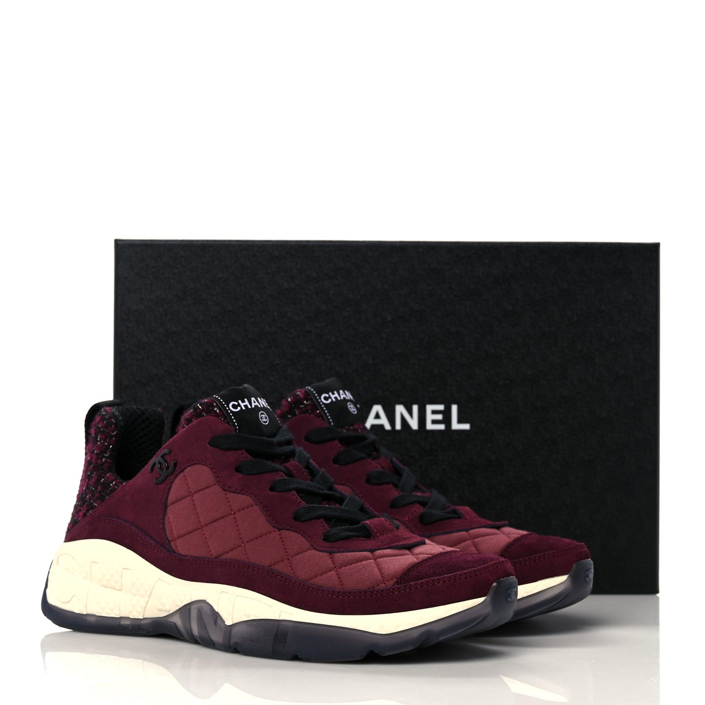 Tweed Suede Calfskin Grained Calfskin Womens CC Sneakers 39.5 Burgundy Black Silver