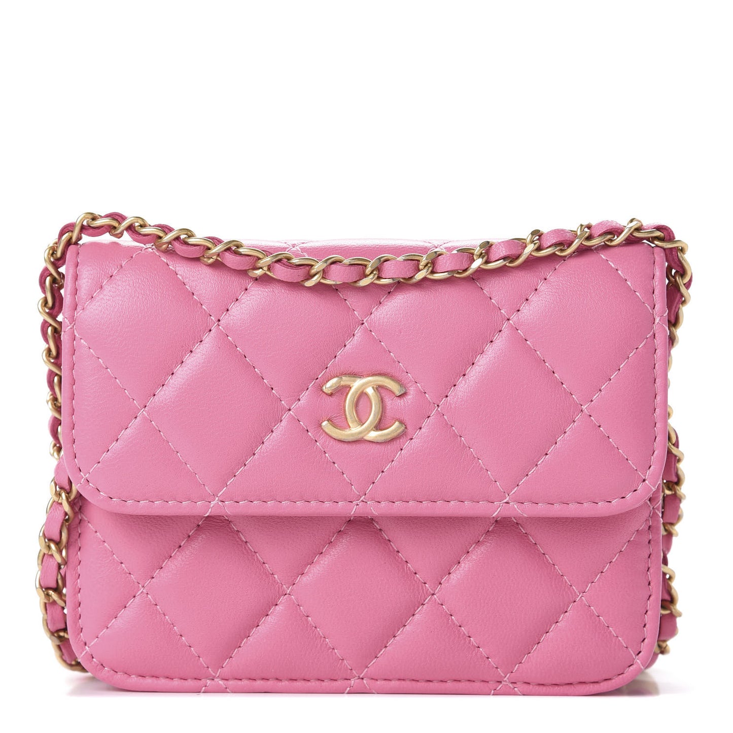 Lambskin Quilted Pearl Crush Clutch With Chain Pink