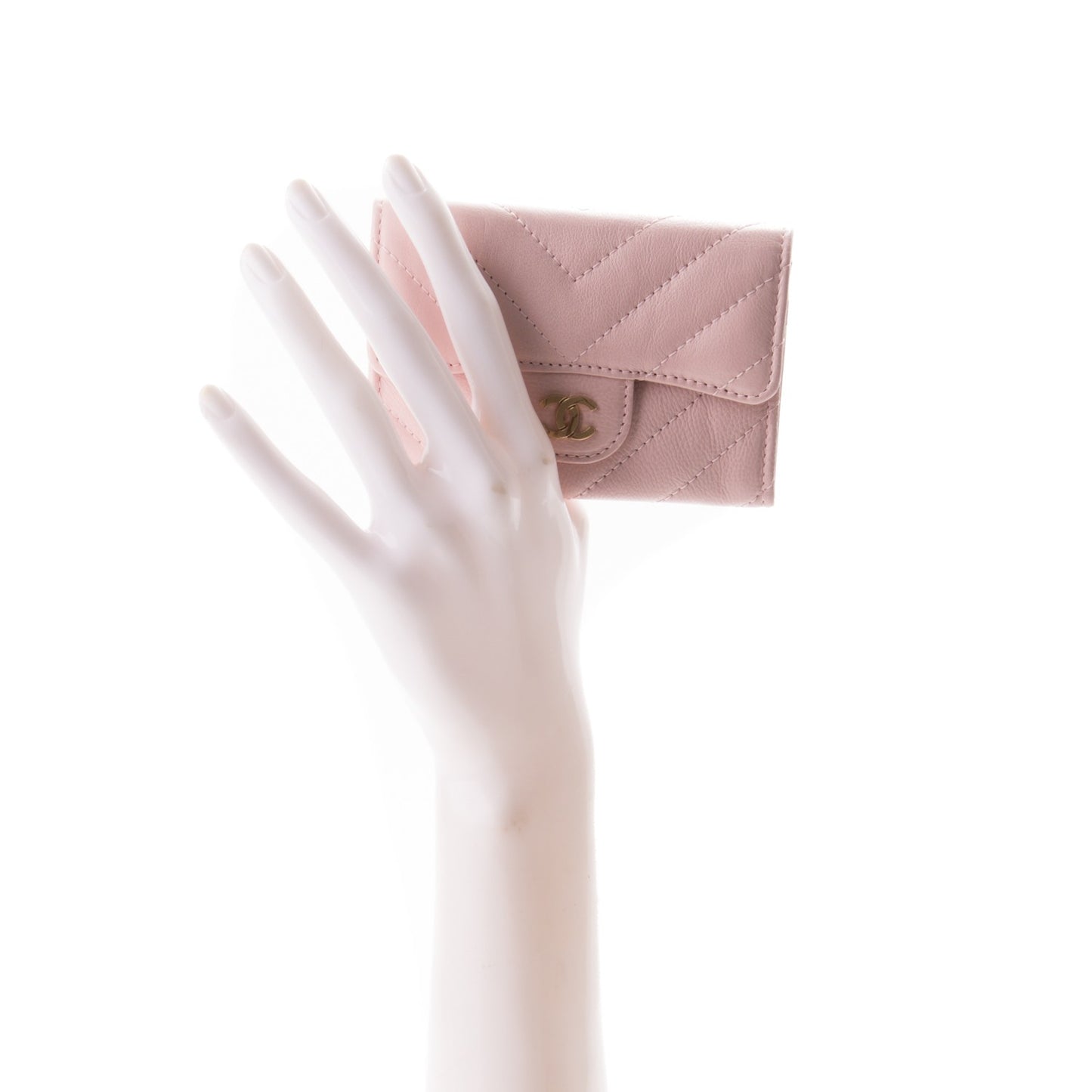 Calfskin Chevron Quilted Card Holder Wallet Light Pink