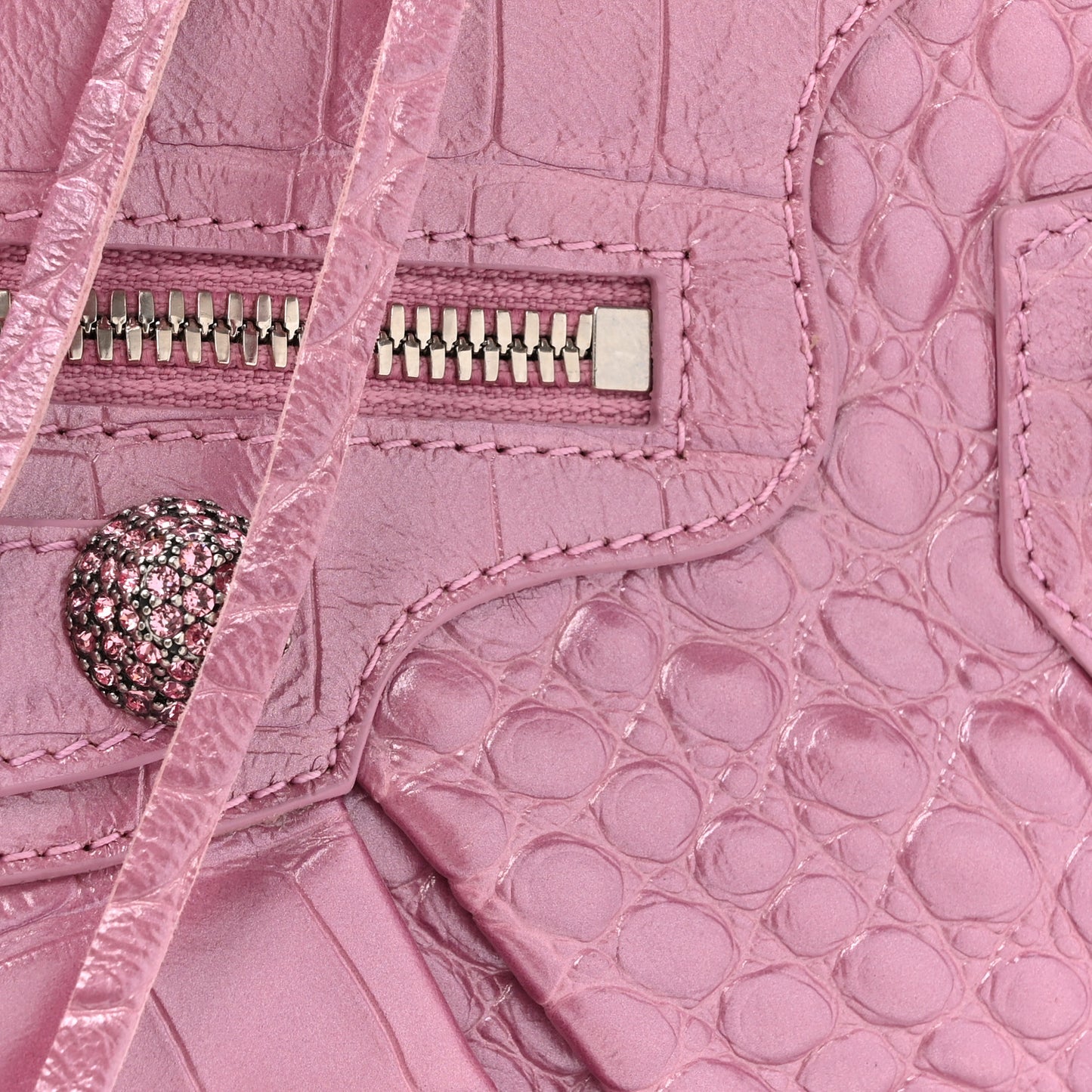 Metallic Extra Supple Calfskin Crystal Crocodile Embossed Small Le Cagole Shoulder Bag Pink