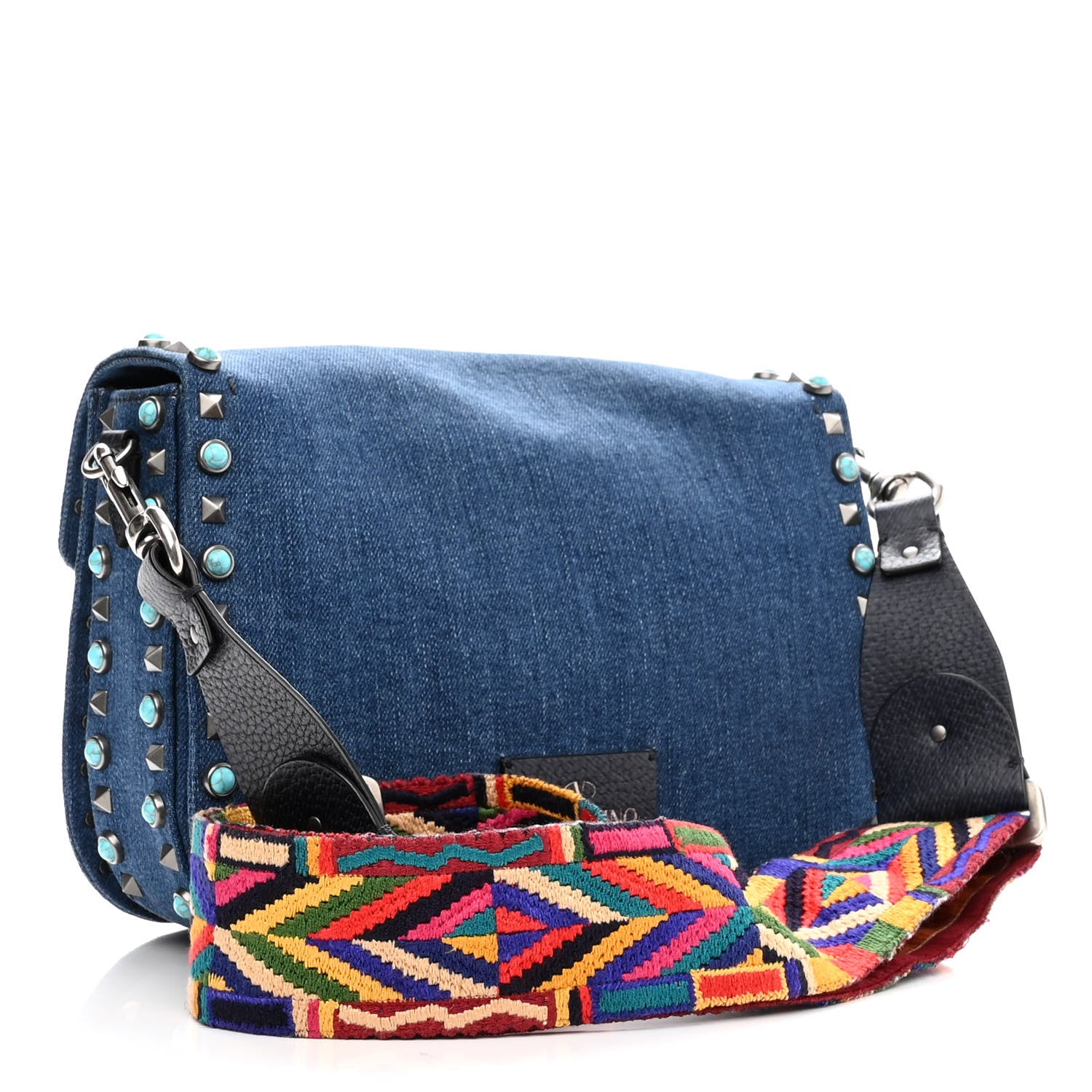 Valentino Garavani Denim Medium Guitar Strap Rockstud Rolling Flap Saddle Bag 3 of 10