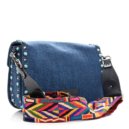 Valentino Garavani Denim Medium Guitar Strap Rockstud Rolling Flap Saddle Bag 3 of 10