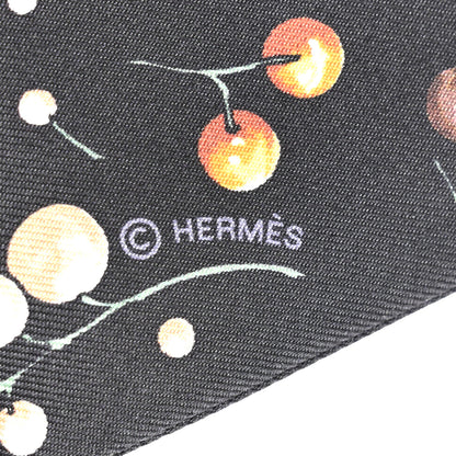 Hermes Silk Calfskin Red Berries Fringed Twilly Black Beige Dore Orange 4 of 4